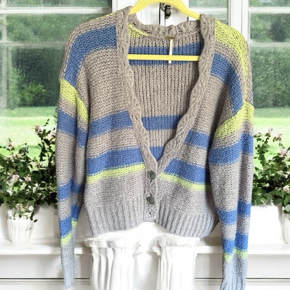 FREE PEOPLE Fine Time Sweater Cardigan‎ Wool Blend Striped M - Picture 4 of 11